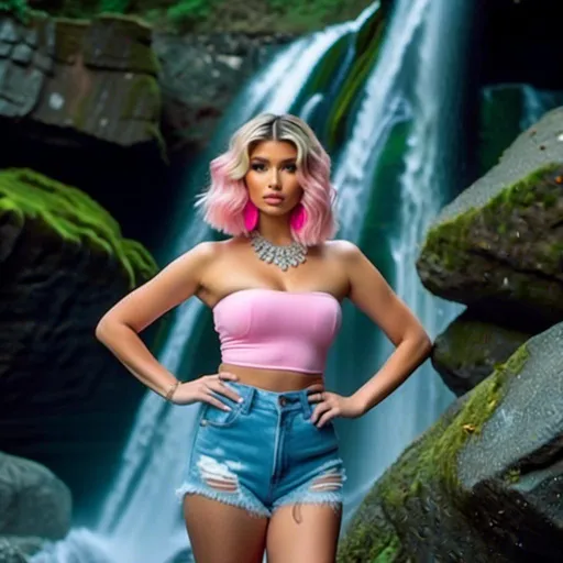 Prompt: <mymodel> wearing a neon pink tube top with light blue daisy duke shorts, long wavy platinum blonde hair, full-body photo, facing forward, green eyes, mod eyeliner, pink lipstick, standing under a waterfall, mossy rocks, natural lighting, ethereal, hd, low quality camera film