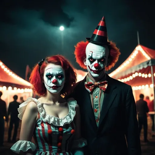Prompt: man and woman at a dark spooky carnival, creepy clown behind them, horror, pulp style
