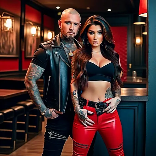 Prompt: <mymodel> full body photo, girlfriend, beautiful asian features bimbo, female tattooed biker, blue eyes, movie star makeup, really long wavy bright red hair.
Handsome strong muscular Caucasian boyfriend with shaved head tattooed biker man is holding her waist next to her 