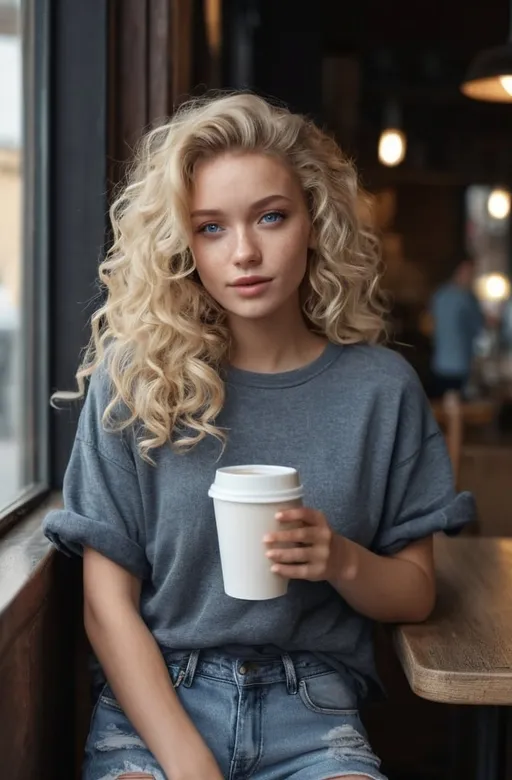Prompt: Full body portrait of a beautiful blonde model big voluminous loose curls, freckles, blue eyes, warm cozy coffee shop atmosphere, holding a cup of coffee, wearing torn jeans, wearing a completely blank dark gray crewneck short sleeve t-shirt,  realistic, 4k, hd, 