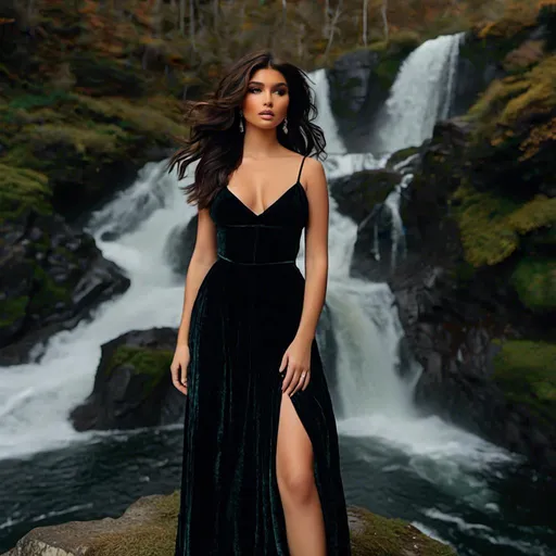 Prompt: <mymodel> wearing a completely blank black spaghetti strap chenille flowy maxi dress, dress and hair are gently blowing in the wind, full-body photo, facing forward, mod eyeliner, wavy hair, waterfall, mossy rocks, natural lighting, ethereal, hd, low quality camera film