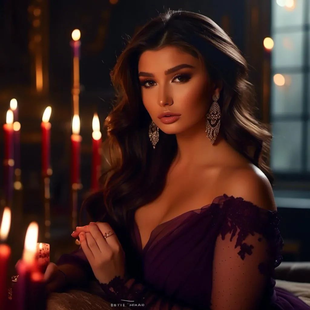 Prompt: <mymodel> long curled hair, dark purple transparent chiffon gown, perfect hands, intricate details on face, dark makeup, cuddling a red fox, evening light, tapered candles burning, 8k, hd, film photography 