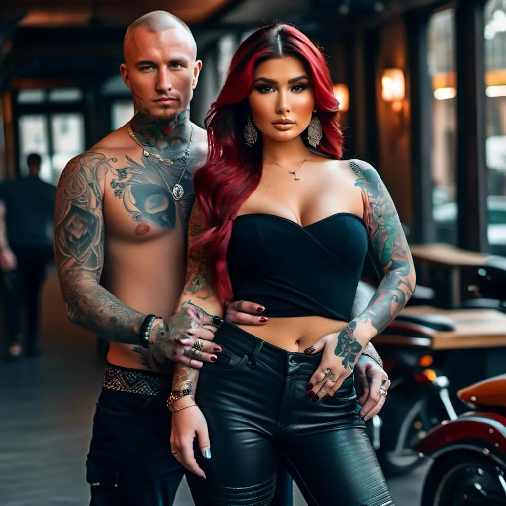 Prompt: <mymodel> full body photo, girlfriend, beautiful asian features bimbo, female tattooed biker, blue eyes, movie star makeup, really long wavy bright red hair.
Handsome strong muscular Caucasian boyfriend with shaved head tattooed biker man is holding her waist next to her 