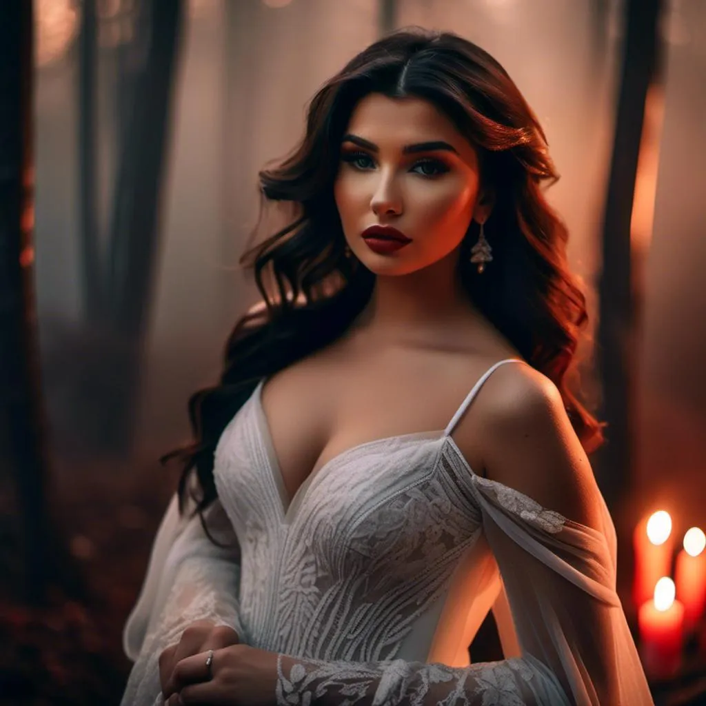 Prompt: <mymodel> long curled hair, dark white completely see-through chiffon gown, perfect hands, intricate details on face, dark makeup, holding a red fox, evening light, foggy forest, tapered candles burning, 8k, hd, film photography 