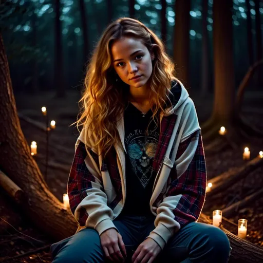 Prompt: <mymodel>Fantasy illustration of a necromancer girl, completely blank ivory crewneck sweatshirt, open dark plaid shacket, highres, detailed, spooky, vibrant colors, intense gaze, intricate details, dramatic lighting, dead forest, showing leg