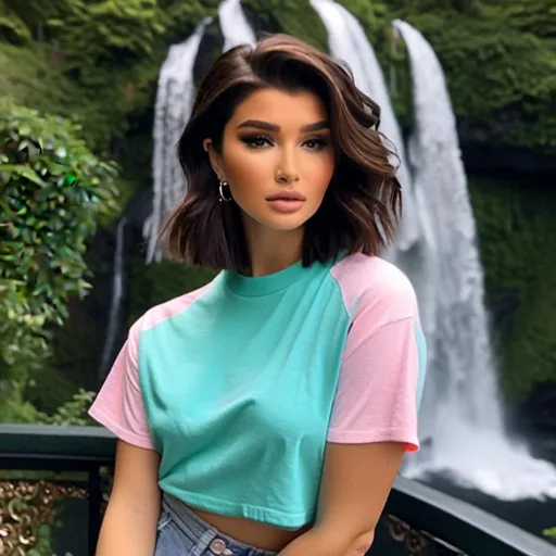 Prompt: <mymodel> wearing a completely blank turquoise crewneck short sleeve t-shirt, pink highlights, mod eyeliner, wavy hair, waterfall, mossy rocks, natural lighting, ethereal, hd, 