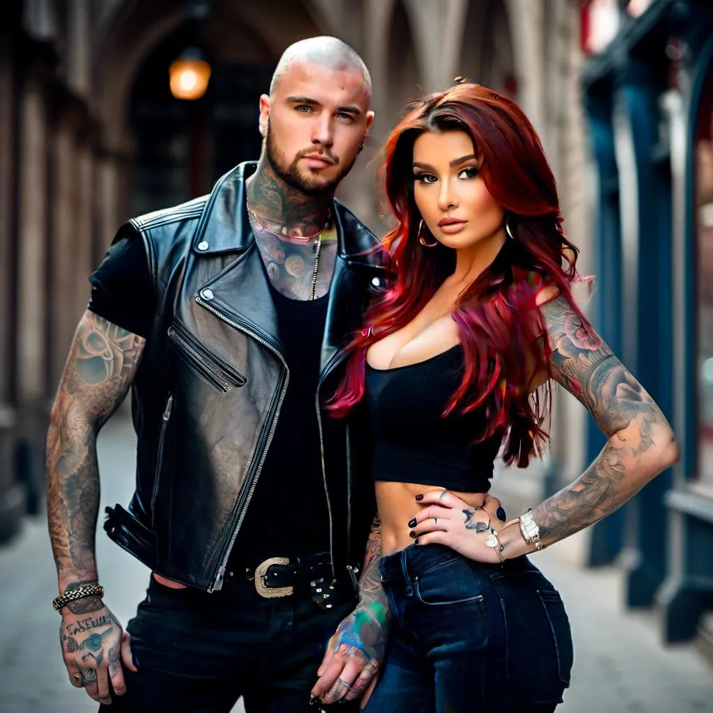 Prompt: <mymodel> full body photo, girlfriend, beautiful african features bimbo, female tattooed biker, blue eyes, movie star makeup, really long wavy bright red hair.
Handsome strong muscular Caucasian boyfriend with shaved head tattooed biker man is holding her waist next to her 