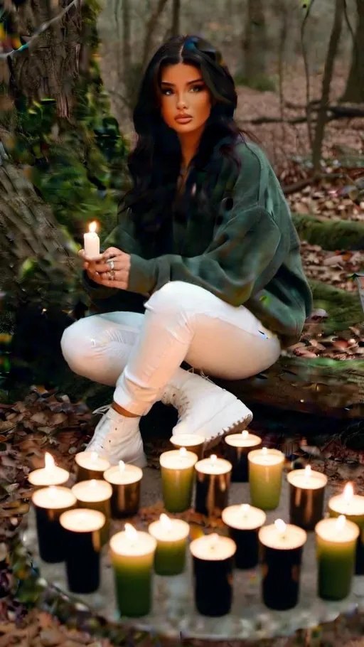 Prompt: <mymodel> long wavy black hair, facing forward, completely blank white crewneck sweatshirt, black combat boots, sitting criss-cross on the ground, dark forest, moss, old candles burning in a circle around her.