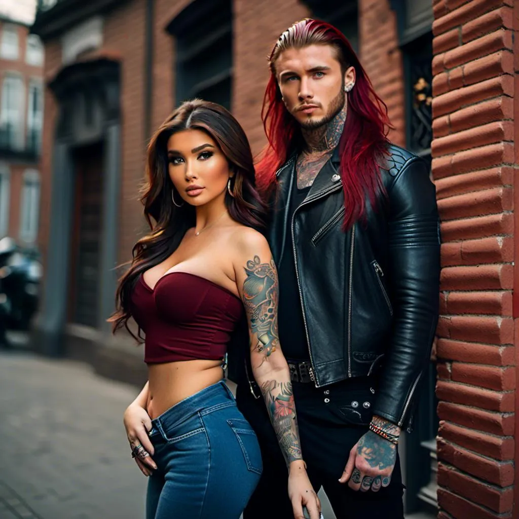 Prompt: <mymodel> full body photo, girlfriend, beautiful asian features bimbo, female tattooed biker, blue eyes, movie star makeup, really long wavy bright red hair. 
Handsome strong muscular Caucasian boyfriend tattooed biker man is holding her waist next to her 
