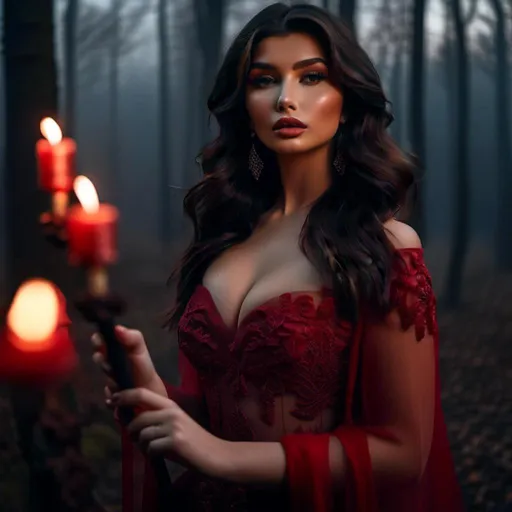 Prompt: <mymodel> long curled hair, dark white completely see-through chiffon gown, perfect hands, intricate details on face, dark makeup, holding a red fox, evening light, foggy forest, tapered candles burning, 8k, hd, film photography 