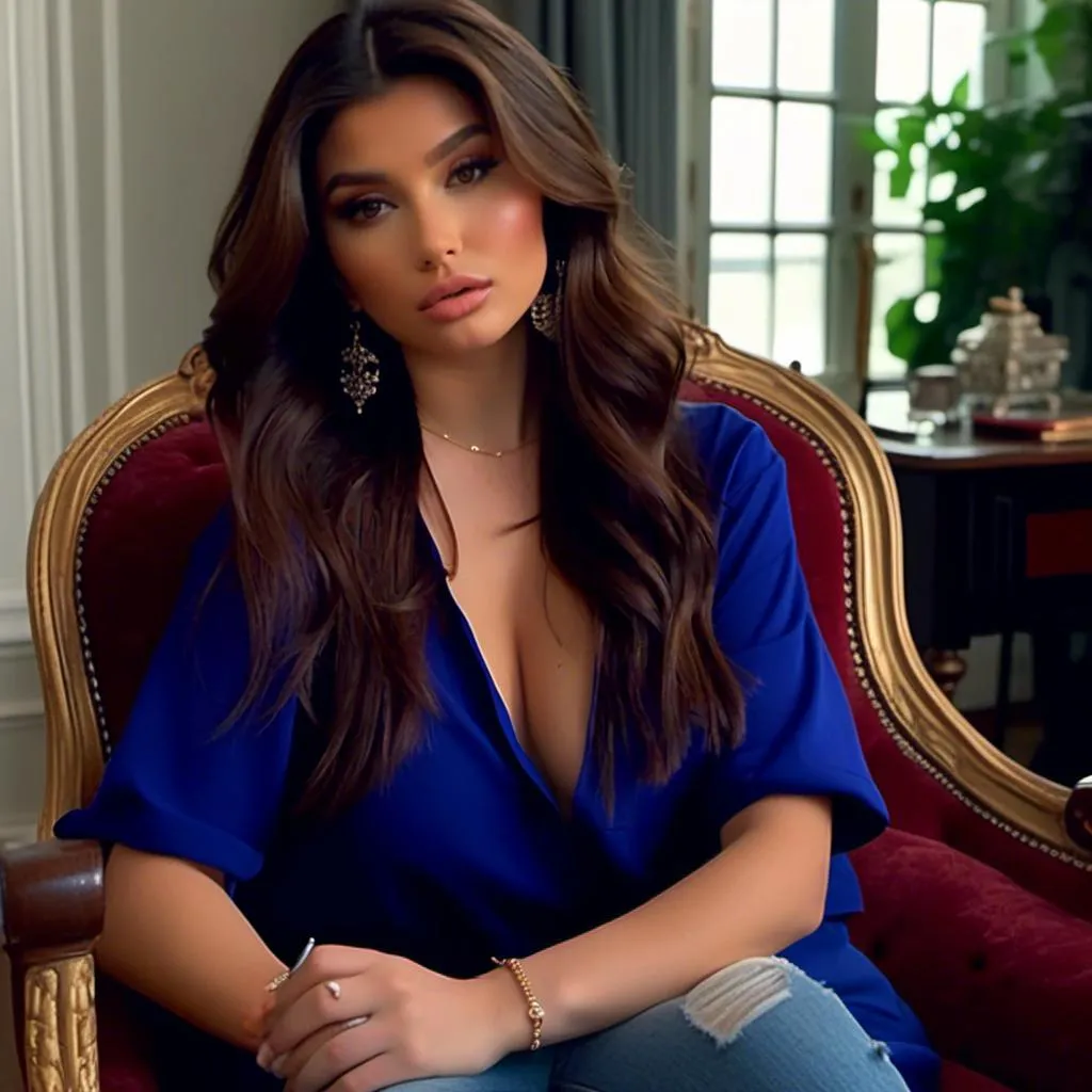 Prompt: <mymodel>light skin, green eyes, wearing a completely blank royal blue crewneck oversized t-shirt and jeans, long wavy red violet hair, sitting in a tufted ornate Victorian chair, natural lighting, ethereal, hd, low quality, camera film