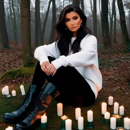 Prompt: <mymodel> long wavy black hair, facing forward, completely blank white crewneck sweatshirt, black combat boots, sitting criss-cross on the ground, dark forest, moss, old candles burning in a circle around her.