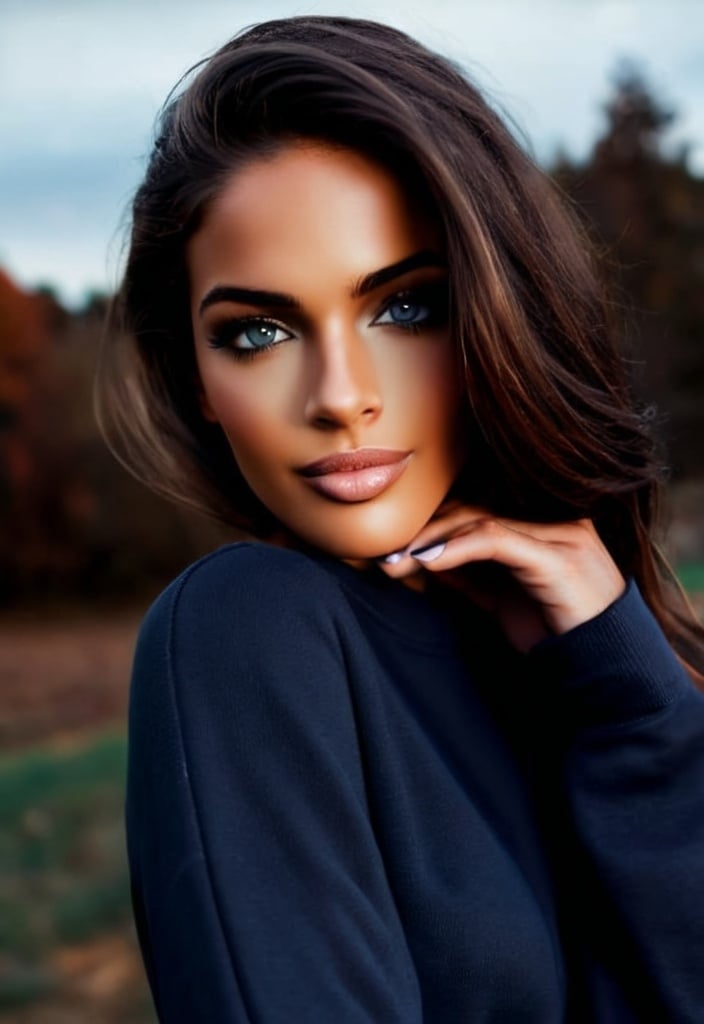 Prompt: beautiful model posing in a dark navy sweatshirt. fall landscape in background. professional lighting. moody atmosphere. 