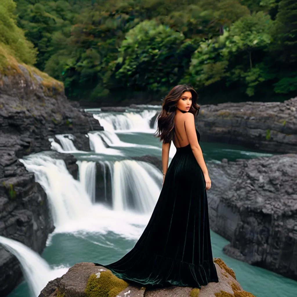 Prompt: <mymodel> wearing a completely blank black spaghetti strap chenille flowy maxi dress, dress and hair are gently blowing in the wind, full-body photo, facing forward, mod eyeliner, wavy hair, waterfall, mossy rocks, natural lighting, ethereal, hd, low quality camera film