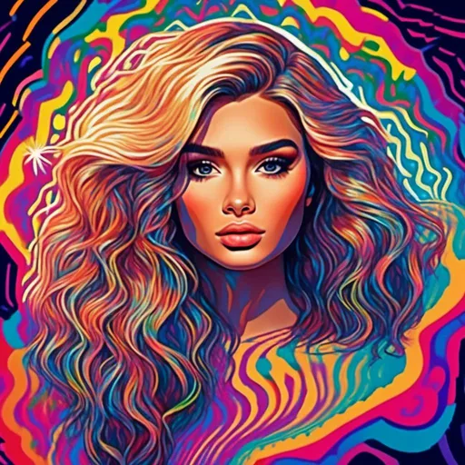 Prompt:  <mymodel>Psychedelic poster art illustration of a girl with long blond curly hair, mesmerizing tesseract, vibrant colors, high-quality, surreal, trippy, hypercube, inter-dimensional, extra-dimensional, detailed hair, vibrant and colorful, abstract lighting