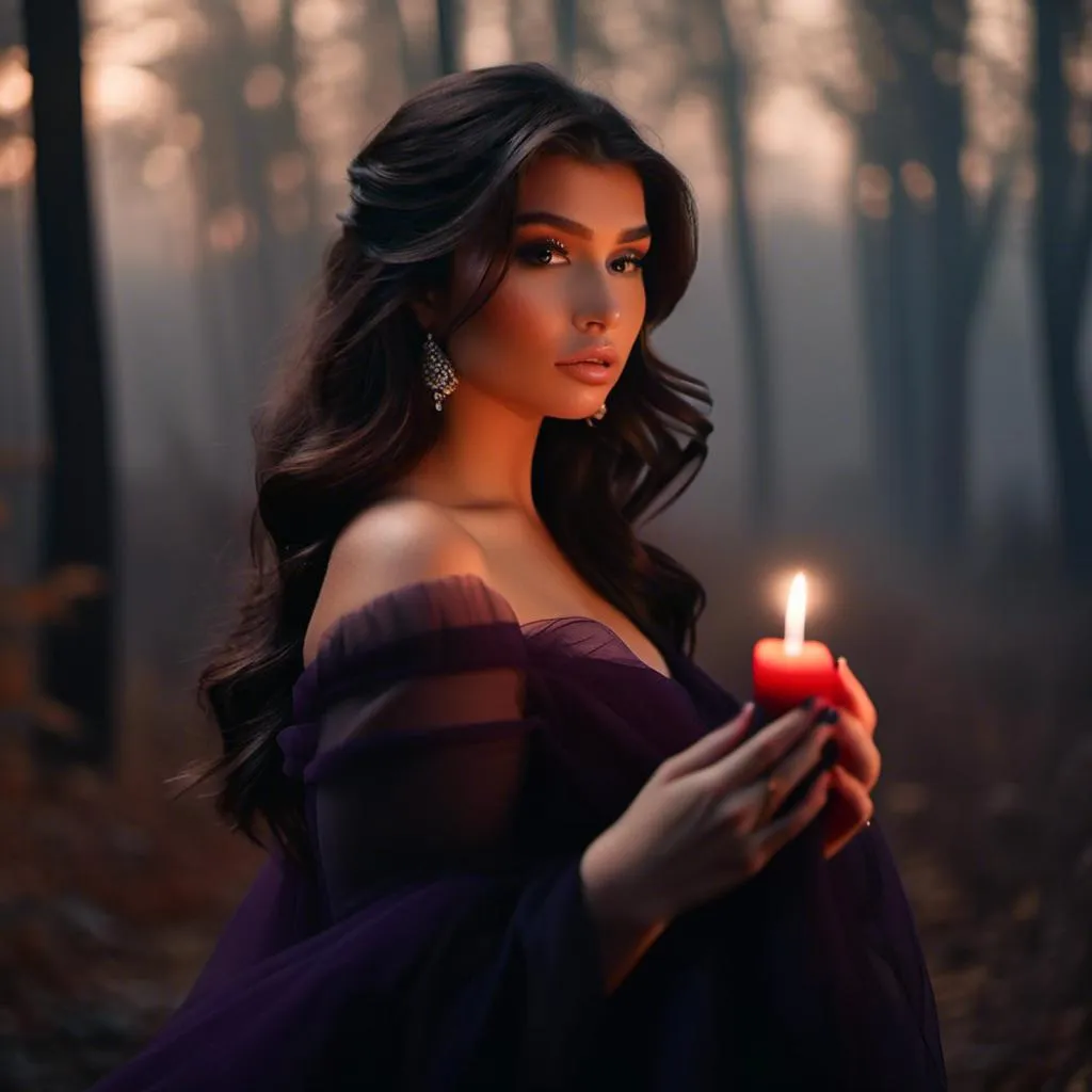 Prompt: <mymodel> long curled hair, dark purple transparent chiffon gown, perfect hands, intricate details on face, dark makeup, cuddling a red fox, evening light, foggy forest, tapered candles burning, 8k, hd, film photography 