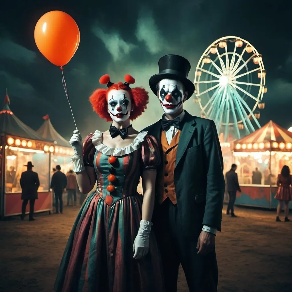 Prompt: man and woman at a dark spooky carnival, creepy clown, science-fiction, pulp style