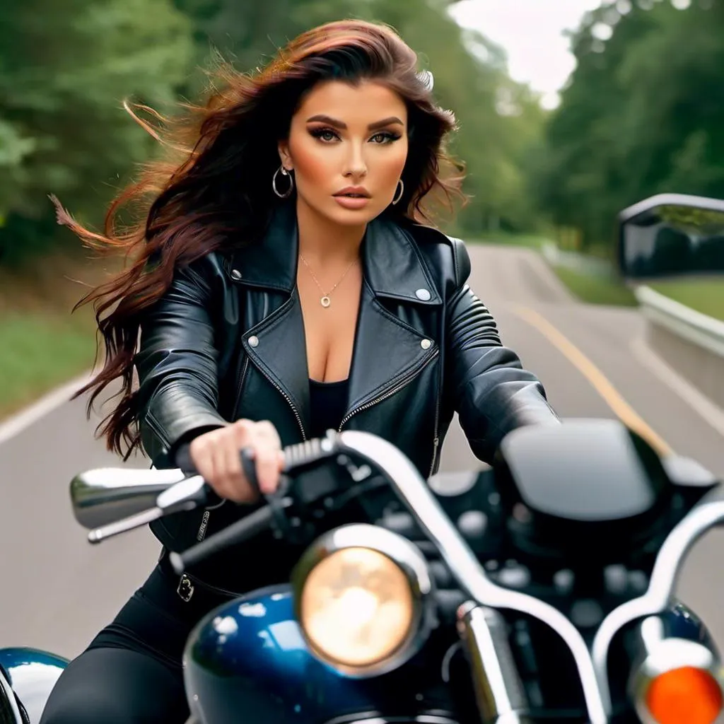 Prompt: <mymodel> full body photo, solo beautiful bimbo light skinned red haired female tattooed biker, blue eyes, movie star makeup, really long wavy hair that's swept up into an updo, posing on a motorcycle