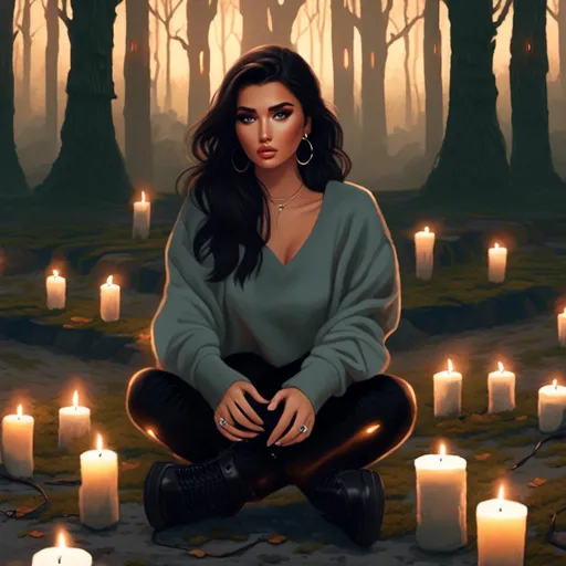 Prompt: <mymodel>wavy black hair, facing forward, completely blank white crewneck sweatshirt, black combat boots, sitting criss-cross on the ground, dark forest, moss, old candles burning in a circle around her.