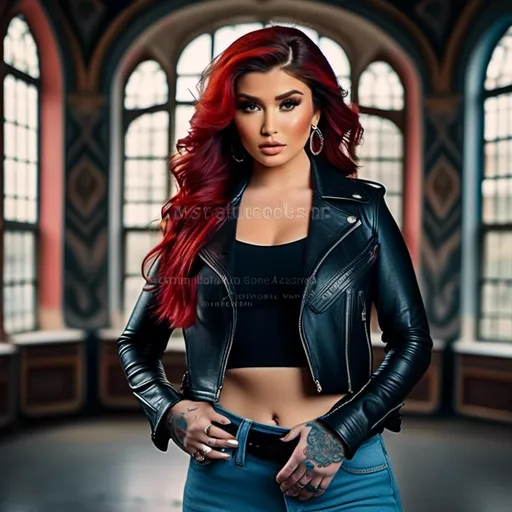 Prompt: <mymodel> full body photo, solo beautiful bimbo fair pale skinned bright red haired female tattooed biker, blue eyes, movie star makeup, really long wavy hair. 
Handsome strong muscular tattooed biker man is holding her waist and pulling her against him