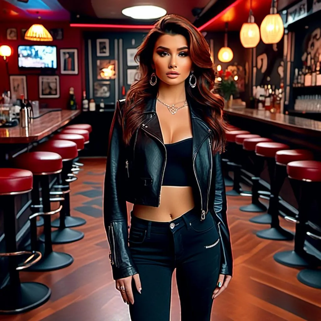 Prompt: <mymodel> full body photo, solo beautiful red-head female tattoed biker, movie star makeup, really long wavy hair that's swept up into an updo, posing in a biker bar