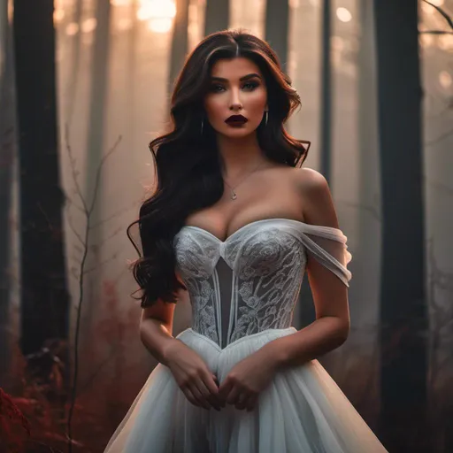 Prompt: <mymodel> long wavy hair, white completely see-through sleeveless corset chiffon gown, intricate details on face, dark makeup, burgundy lipstick, holding a red fox, evening light, foggy forest, tapered candles burning, 4k, hd, film photography 