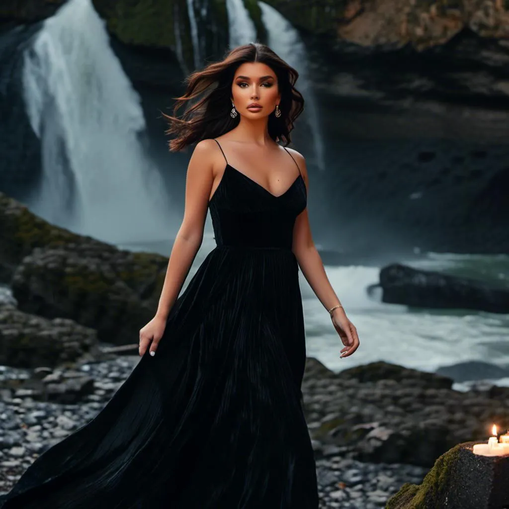 Prompt: <mymodel> wearing a completely blank black spaghetti strap chenille flowy maxi dress, dress and hair are gently blowing in the wind, full-body photo, facing forward, mod eyeliner, wavy hair, waterfall, nighttime, burning candles, mossy rocks, natural lighting, mist, ethereal, hd, low quality camera film