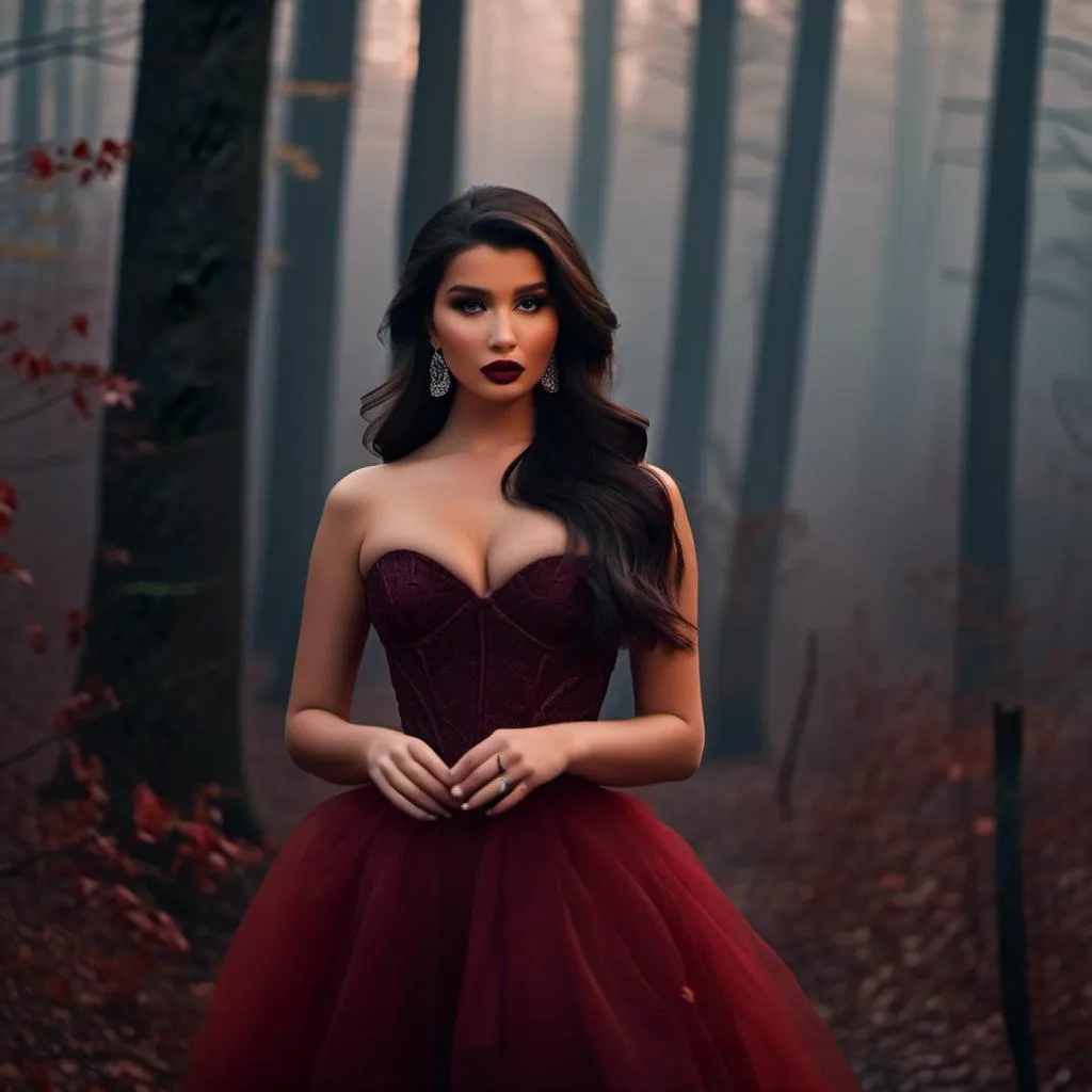 Prompt: <mymodel> long wavy hair, white completely see-through sleeveless corset chiffon gown, intricate details on face, dark makeup, burgundy lipstick, holding a red fox, evening light, foggy forest, tapered candles burning, 4k, hd, film photography 