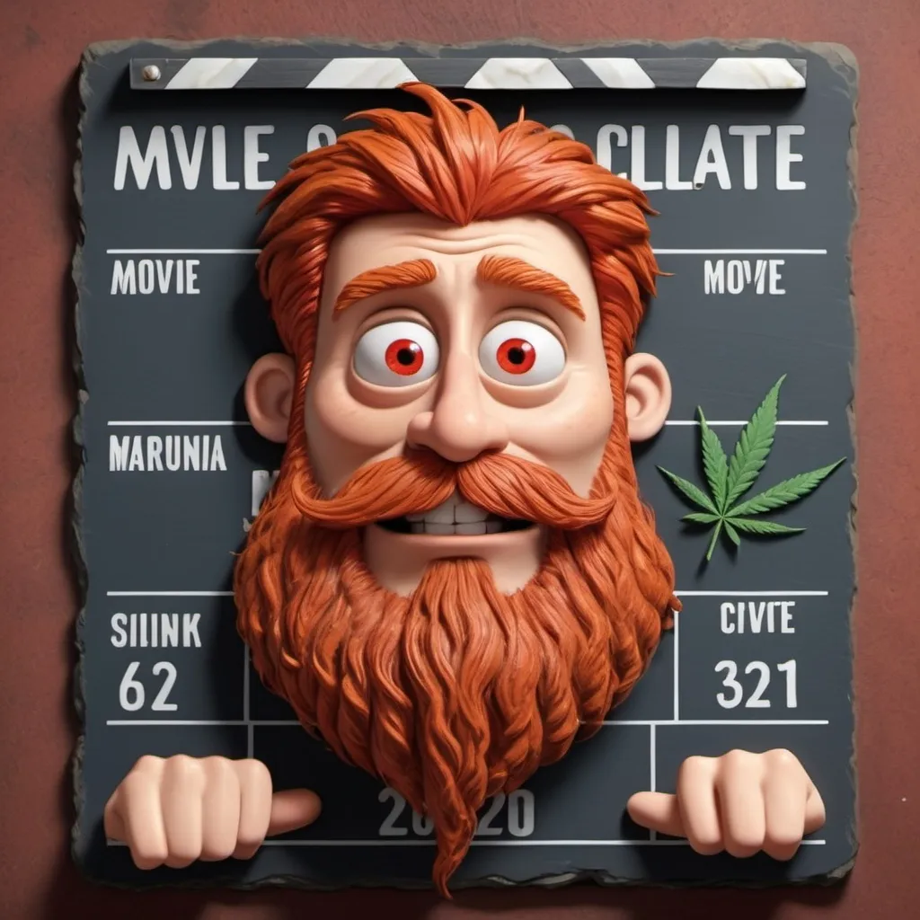 Prompt: A cartoon movie slate. The movie slate is anthropomorphic of male human characteristics. The slate has long red hair and a red beard. The movie slate has sunken puffy red eyes and is smoking a marijuana joint. The movie slate has a slight smirk and is very relaxed. The movie slate is high on marijuana 