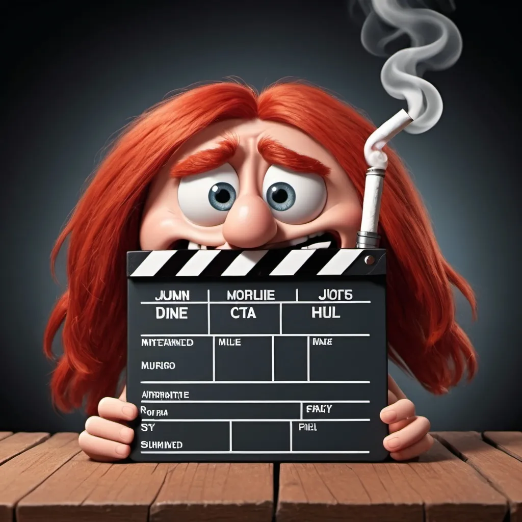 Prompt: A cartoon movie slate. The movie slate is anthropomorphic of male human characteristics. The slate has long red hair. The movie slate has puffy red eyes and is smoking a joint 