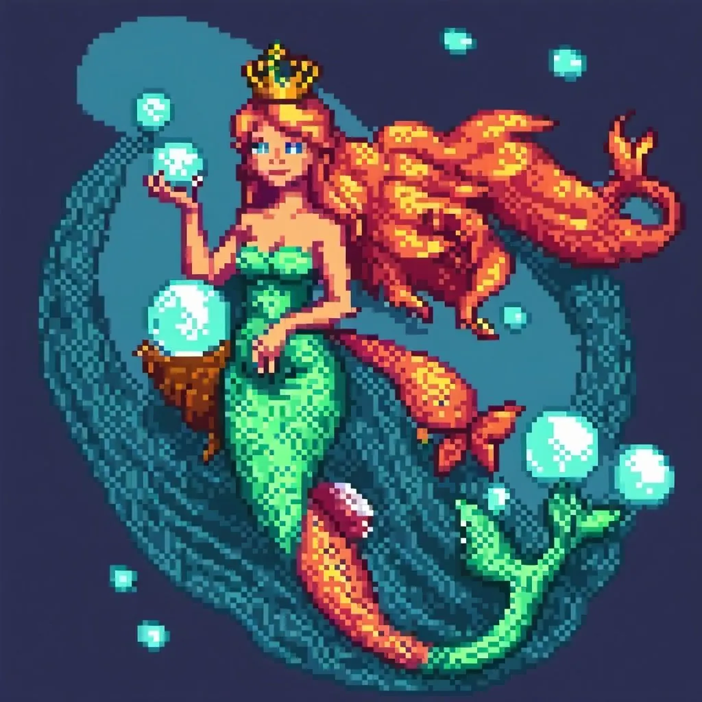 Prompt: a mermaid with a crown on her head and a tail, holding a bubble in her hand, and a fish tail in her hand, Alice Prin, pixel art, game art, pixel art