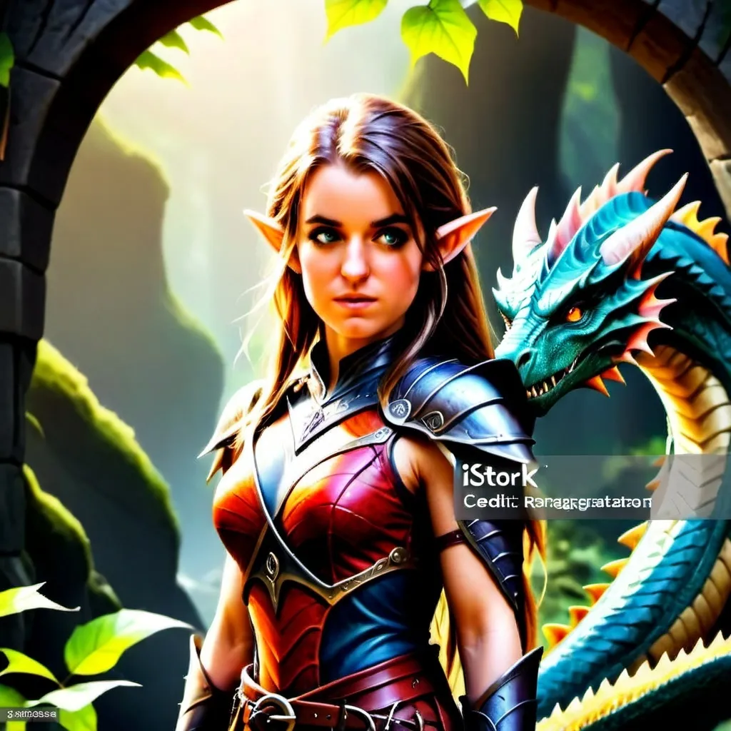 Prompt: Elf ranger in a mystical forest, dragon on the background