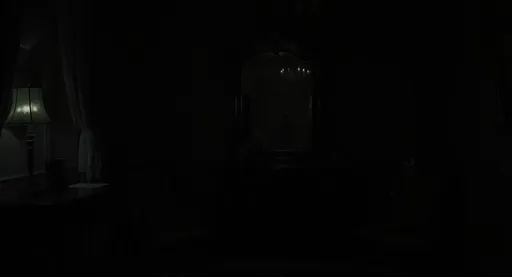 Prompt: A dimly lit Victorian hotel room with antique furniture. A large mirror shows a flickering lamp and the faint outline of a shadowy figure behind the viewer. The real room is empty. Moody lighting, haunted ambiance."

