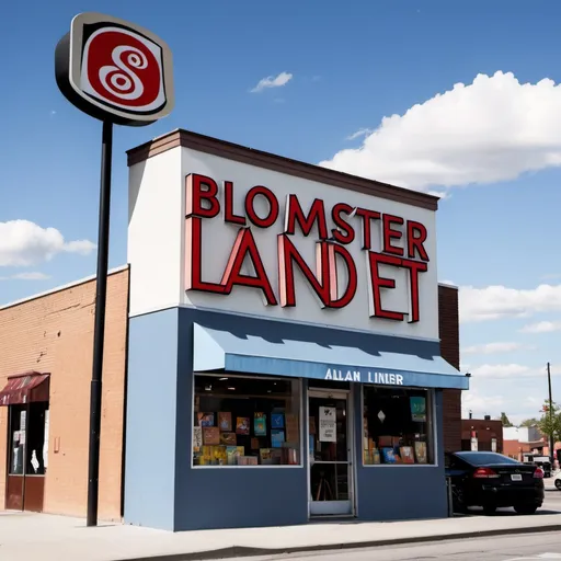 Prompt: a sign for a store that says bloomster landet on it's side of a building with a sky background, Allan Linder, art informel, logo, a poster