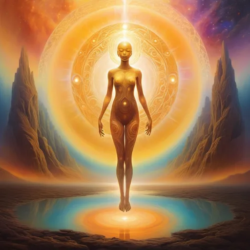 Prompt: (entity from a different realm), (peaceful yet powerful presence), surreal dreamscape, vibrant and ethereal colors, warm golden light, mystic aura surrounding the entity, superior features development, cosmic patterns in the background, tranquil landscape, detailed textures showcasing strength, ultra-detailed, captivating atmosphere that evokes awe and reverence.