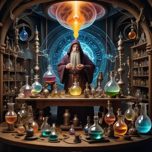 Prompt: Envision an intricate scene that embodies the essence of both internal and external alchemy. At the center stands a wise alchemist, dressed in flowing robes, hunched over an ancient table filled with mystical apparatus: beakers, flasks, and distillation coils that bubble with glowing, vibrant liquids. The air around him shimmers with arcane symbols and mathematical patterns, representing the eternal quest to transmute base elements into gold. On one side of the scene, a glowing philosopher’s stone rests on a pedestal, radiating energy, symbolizing the mastery of physical alchemy.

On the other side, the alchemist's inner journey is represented—his aura is a swirling mandala of energy centers, chakras glowing in alignment, with a serpentine figure (kundalini energy) coiling upwards through his spine. In the background, a grand cosmic wheel represents the cycles of transformation: life, death, rebirth. Above, celestial bodies and zodiac symbols highlight the alignment of cosmic forces, as the sun and moon hover at opposing ends of the sky, reflecting the duality and unity of opposites.

Everywhere in the scene, nature is present—roots from plants emerge from the earth, their branches reaching toward the heavens, symbolizing the harmony between earth and spirit. The entire image vibrates with the essence of the alchemical pursuit: balancing and transmuting both the physical elements of the external world and the spiritual energies within.