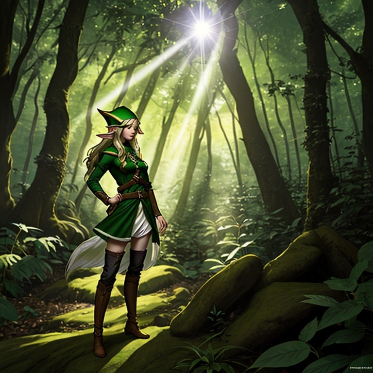 Prompt: Elf ranger in a mystical forest around sunlight