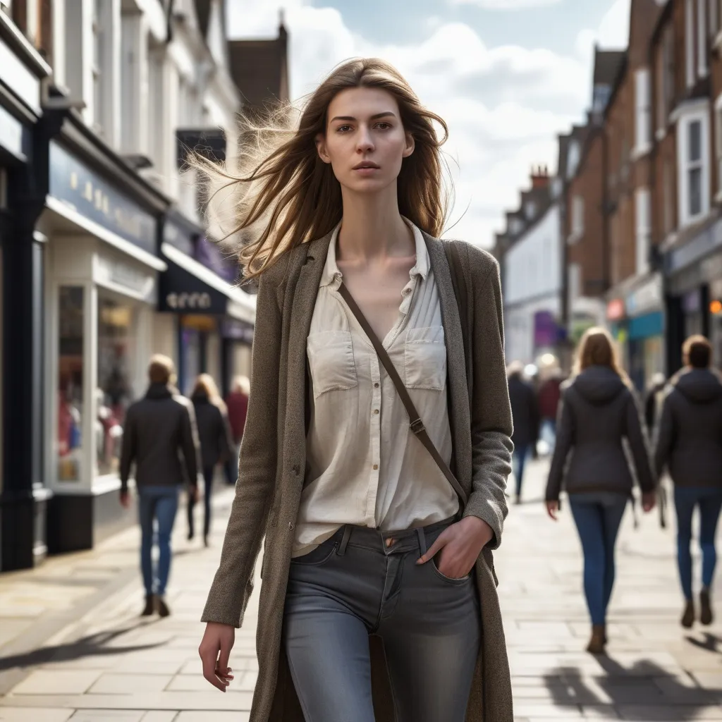 Prompt: Tall young woman walking down the high street, detailed clothing, realistic, natural lighting