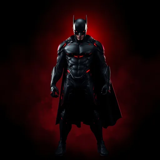 Prompt: Create a dark, intense image of a character similar to a superhero, posed dynamically in a dark, moody environment. The character should be standing in a powerful stance, with an aura of strength and determination. The background should feature dark red tones, blending with deep blacks to create a sense of depth and intensity. The character’s suit should incorporate elements of dark, matte textures, with glowing red accents subtly highlighting the design. The lighting should be dramatic, with shadows emphasizing the character's form and adding a sense of mystery. The overall theme should resonate with power, determination, and focus, suitable for a professional design carousel cover in a dark red color scheme."

