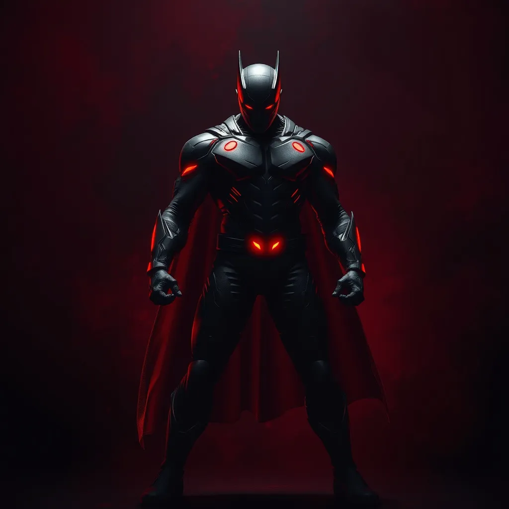 Prompt: Create a dark, intense image of a character similar to a superhero, posed dynamically in a dark, moody environment. The character should be standing in a powerful stance, with an aura of strength and determination. The background should feature dark red tones, blending with deep blacks to create a sense of depth and intensity. The character’s suit should incorporate elements of dark, matte textures, with glowing red accents subtly highlighting the design. The lighting should be dramatic, with shadows emphasizing the character's form and adding a sense of mystery. The overall theme should resonate with power, determination, and focus, suitable for a professional design carousel cover in a dark red color scheme."

