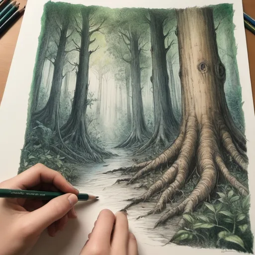 Prompt: "A close-up of a desk with an old, worn-out pen, colored pencils, and a sheet of paper. The paper shows a detailed drawing of a vast, ancient forest with towering trees, twisted roots, and a mysterious clearing. The colors used are deep greens, browns, and blues, creating a sense of wild, untamed beauty. The edges of the drawing are slightly smudged, showing the girl's intense focus and creativ