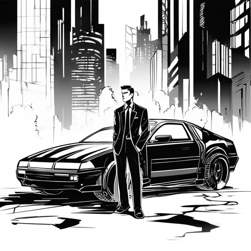 Prompt: clipart drawing of a man in a suit and tie standing in front of a modern black car, and a cyberpunk city background, black and white, ink drawing