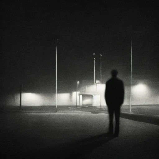 Prompt: suburban night time photograph. In the style of Bill Henson. Dark mood, cinematic. A lonely figure, slightly surreal.
