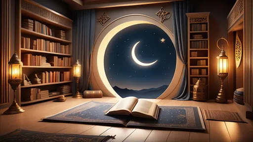 Prompt: A cinematic studio setting designed for storytelling about prophets, featuring a warm and spiritual ambiance. The background includes a glowing crescent moon and star symbols, soft drapes, a bookshelf filled with religious texts, and warm lighting from lantern-style lamps. The setting is cozy and inviting, with a touch of traditional Islamic artistry, perfect for narrating stories of prophets.
