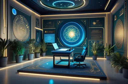 Prompt: A cinematic studio setting designed for exploring science and Islam, combining modern and traditional elements. The background includes an illuminated Quranic verse about knowledge, a digital screen displaying cosmic imagery like stars and galaxies, a sleek desk with scientific instruments, and green plants for a natural touch. The lighting is a blend of futuristic blue and gold tones, creating a thoughtful and engaging atmosphere.


Please create it like real 