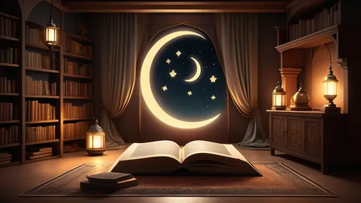 Prompt: A cinematic studio setting designed for storytelling about prophets, featuring a warm and spiritual ambiance. The background includes a glowing crescent moon and star symbols, soft drapes, a bookshelf filled with religious texts, and warm lighting from lantern-style lamps. The setting is cozy and inviting, with a touch of traditional Islamic artistry, perfect for narrating stories of prophets.