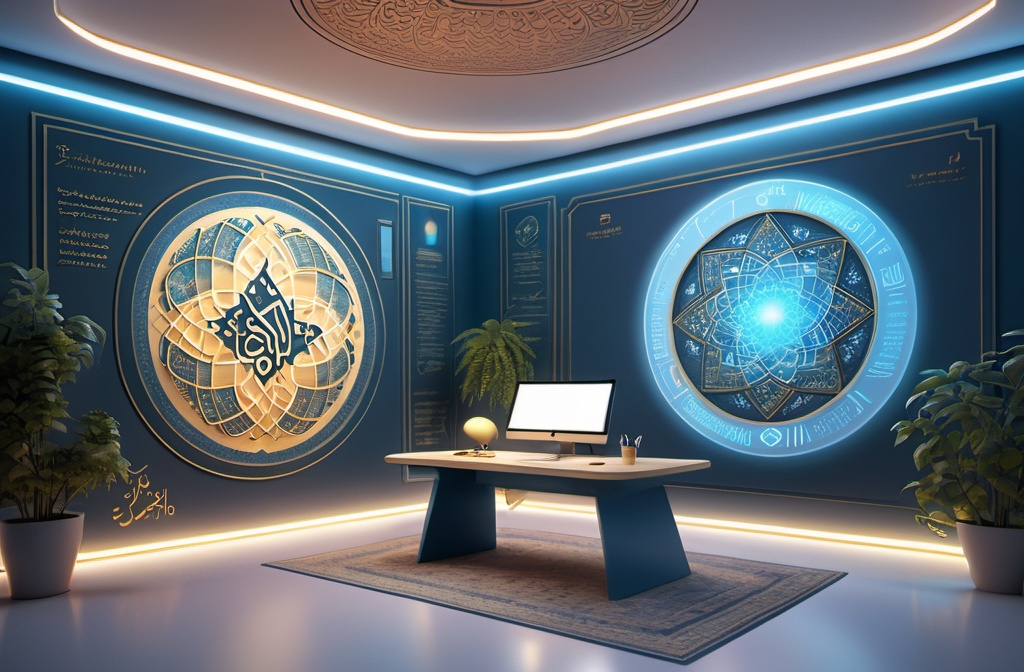 Prompt: A modern studio featuring a glowing Quranic verse inscribed on a wall panel. A large digital display showcases mesmerizing cosmic visuals. The workspace includes advanced scientific tools like a DNA model and a 3D printer, with traditional Islamic patterns subtly decorating the walls. Soft blue and golden lighting adds depth, while natural greenery balances the environment.