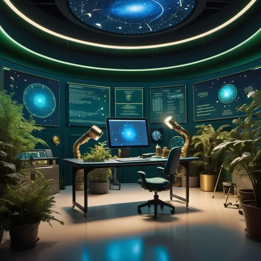 Prompt: A cinematic studio setting with an illuminated Quranic verse about knowledge on the back wall. A digital screen displays cosmic imagery like stars and galaxies. A sleek desk with scientific instruments such as a telescope and a microscope sits in the center, surrounded by green plants. The lighting combines futuristic blue and warm gold tones for a thoughtful and engaging atmosphere.

