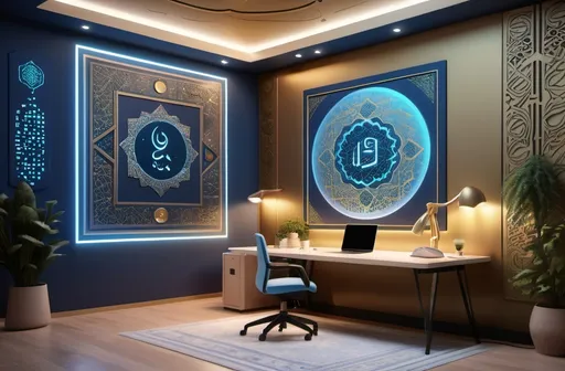 Prompt: A modern studio featuring a glowing Quranic verse inscribed on a wall panel. A large digital display showcases mesmerizing cosmic visuals. The workspace includes advanced scientific tools like a DNA model and a 3D printer, with traditional Islamic patterns subtly decorating the walls. Soft blue and golden lighting adds depth, while natural greenery balances the environment.