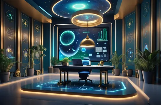 Prompt: A cinematic studio setting designed for exploring science and Islam, combining modern and traditional elements. The background includes an illuminated Quranic verse about knowledge, a digital screen displaying cosmic imagery like stars and galaxies, a sleek desk with scientific instruments, and green plants for a natural touch. The lighting is a blend of futuristic blue and gold tones, creating a thoughtful and engaging atmosphere.